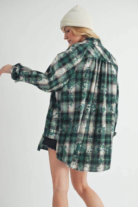 Aemi + Co Washed Plaid Button Up Raglan Sleeve Flannel Shirt