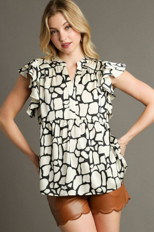 Umgee Full Size Two Tone Animal Print Notched Ruffle Cap Sleeve Blouse Plus Size - Clothes For Her Online Store