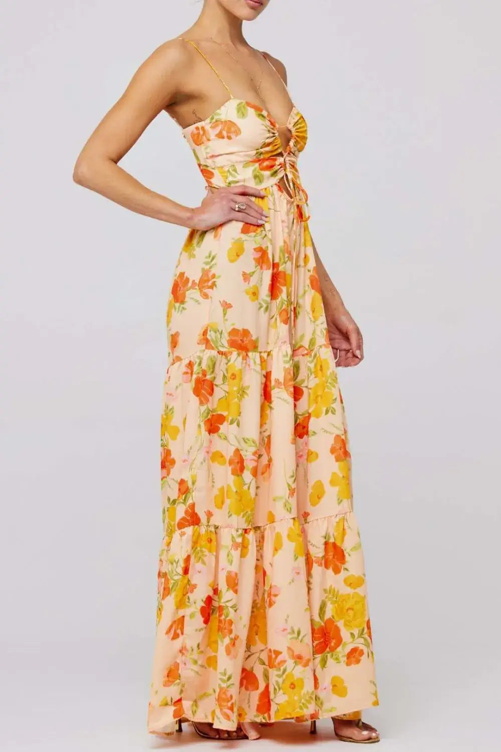 Floral Print Tie Front Tiered Maxi Dress