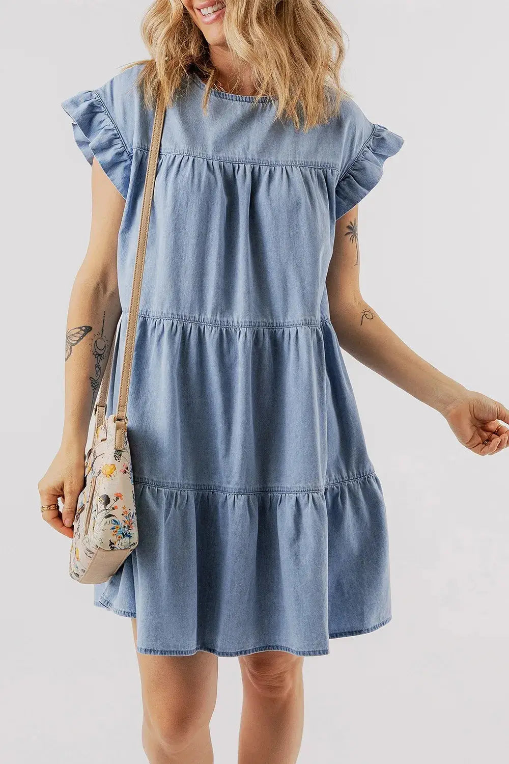 Ruffle Cap Sleeve Tiered A-line Denim Dress - Clothes For Her Online Store
