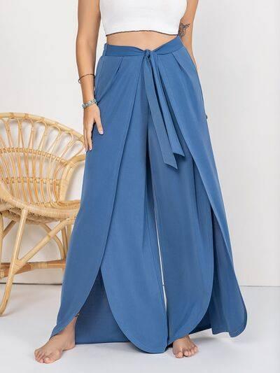 Plus Size Tied Slit Wide Leg Pants - Clothes For Her Online Store
