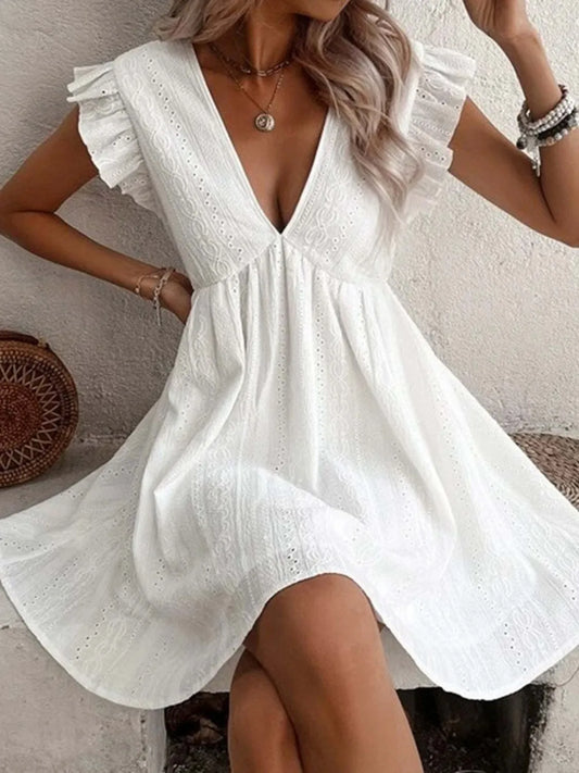 Ruffled V-Neck Cap Sleeve Mini Dress