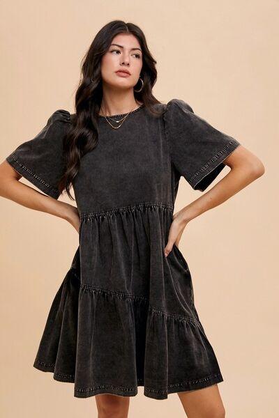 Annie Wear Mineral Washed Round Neck Short Sleeve Denim Dress - Clothes For Her Online Store