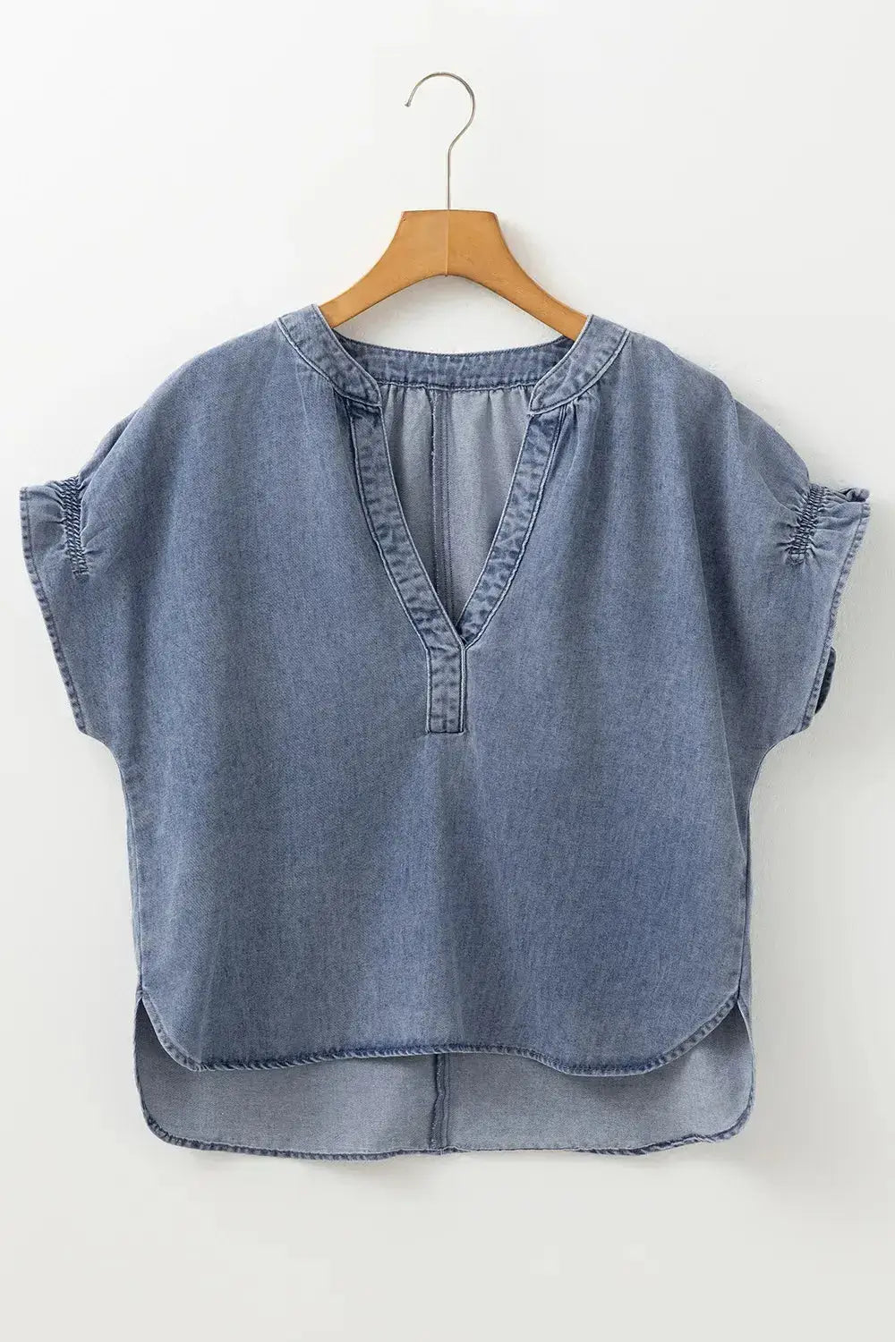 V Neck Ruffled Short Puff Sleeve Denim Top - Clothes For Her Online Store