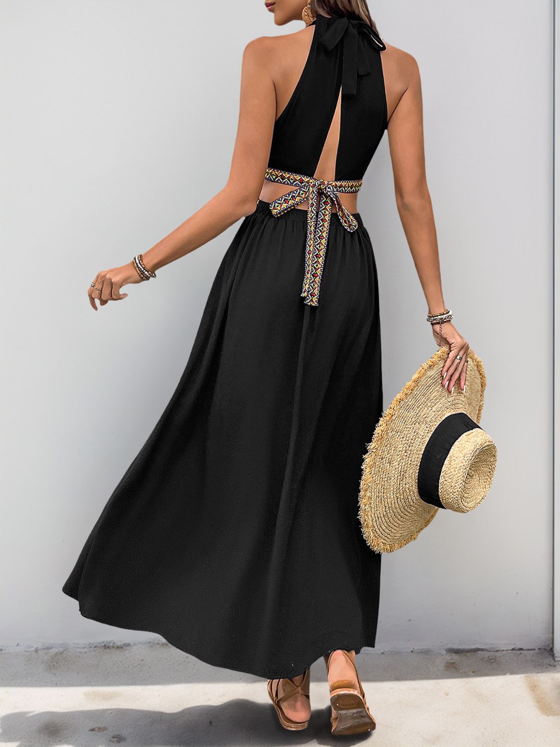 Perfee Cutout Grecian Neck Tied Back Dress