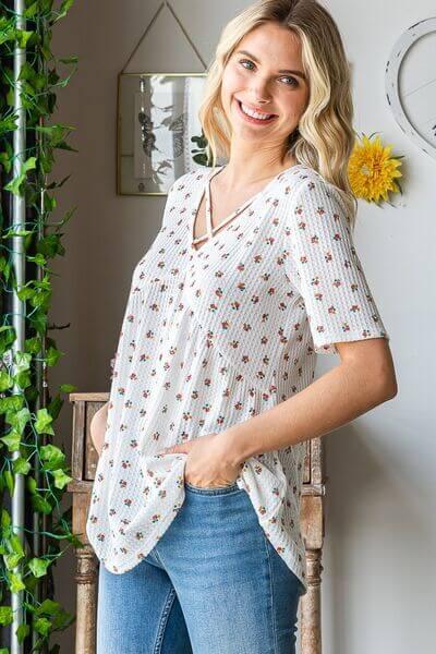 Heimish Full Size Crisscross Ditsy Floral Babydoll Top Plus Size