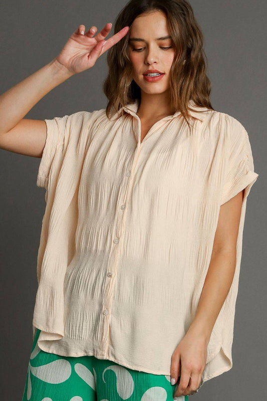 Umgee Full Size Textured Button Down Short Sleeve Shirt Plus Size - Clothes For Her Online Store
