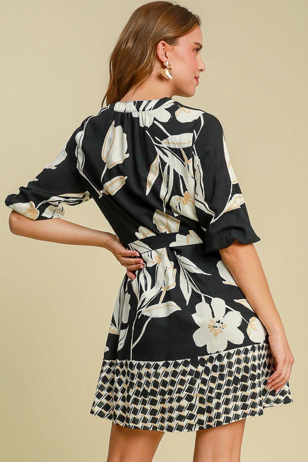 Umgee Full Size Floral Print Notched Tie Waist Mini Dress Plus Size - Clothes For Her Online Store