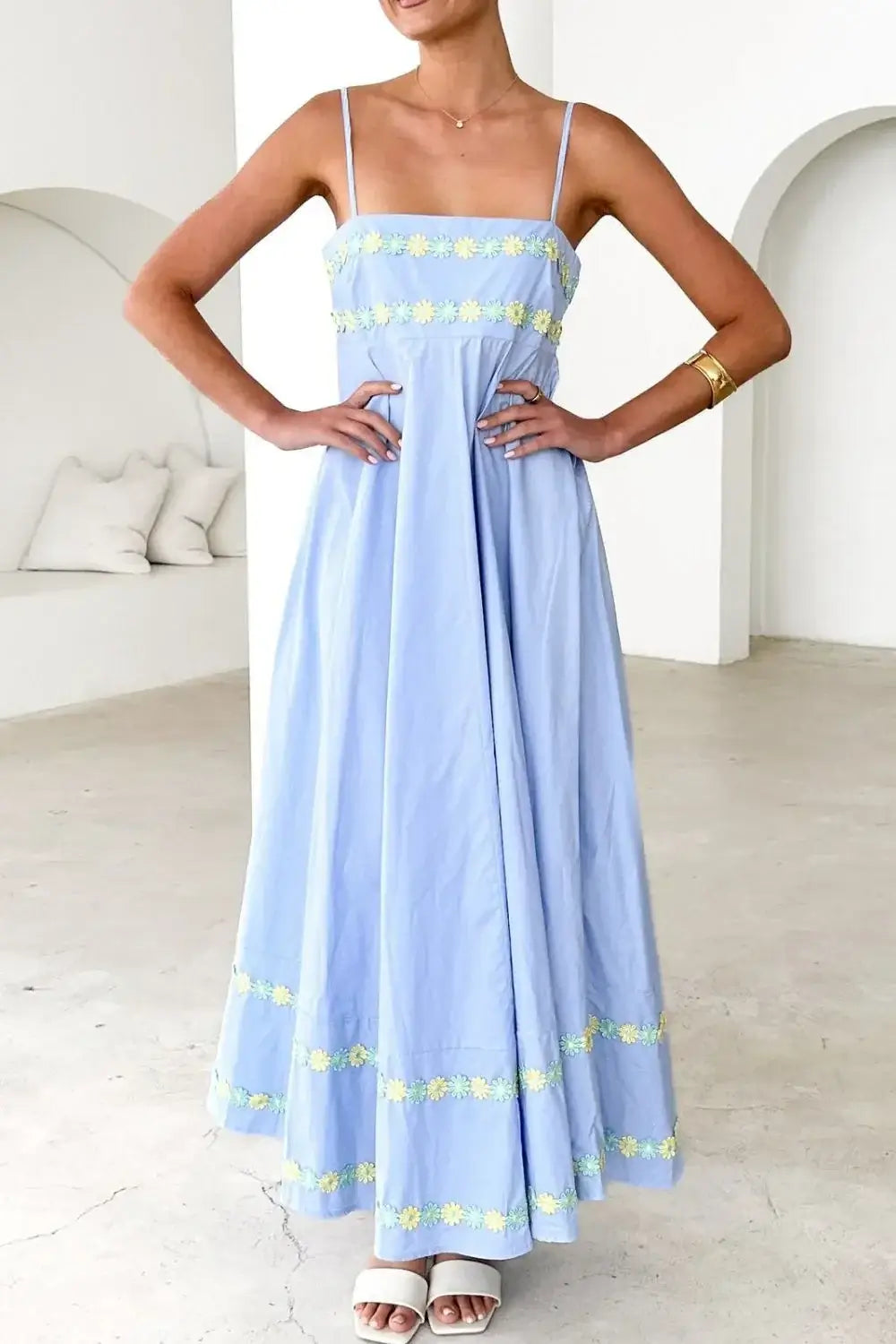 Floral Embroidered Spaghetti Strap Maxi Dress
