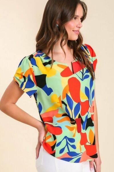 Umgee Full Size Short Sleeved Abstract Print Top Plus Size