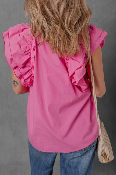 Shirred Tie Neck Ruffled Cap Sleeve Blouse