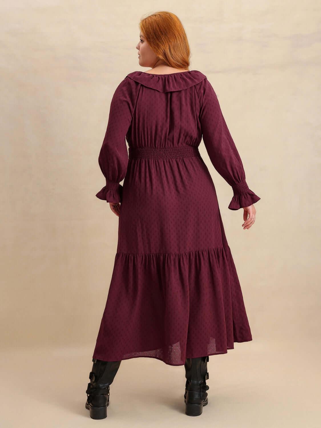 Plus Size Swiss Dot Tie Neck Flounce Sleeve Maxi Dress