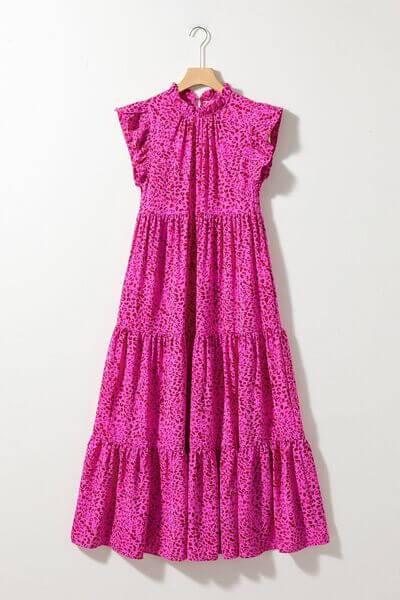 Tiered Ruffled Leopard Cap Sleeve Maxi Dress