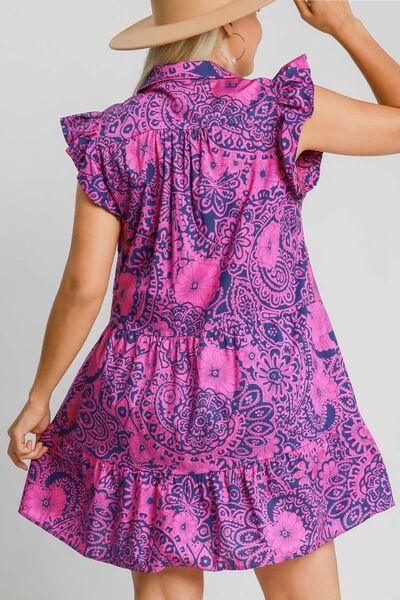 Umgee Full Size Printed Ruffle Cap Sleeve Babydoll Dress Plus Size