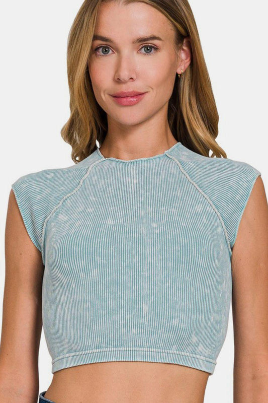 Zenana Ribbed Round Neck Cropped Top - Clothes For Her Online Store