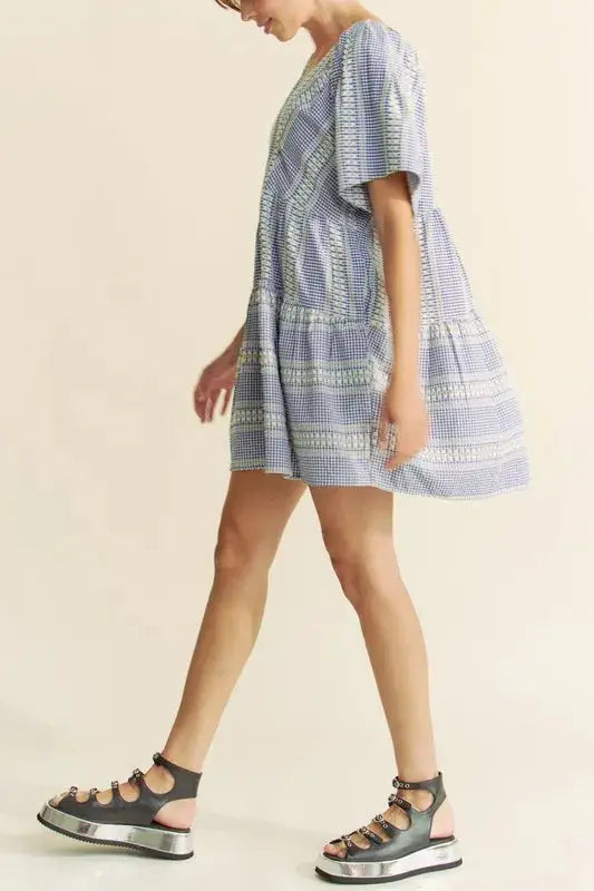 Davi & Dani Embroidered Stripe Ruffled Gingham Mini Dress - Clothes For Her Online Store