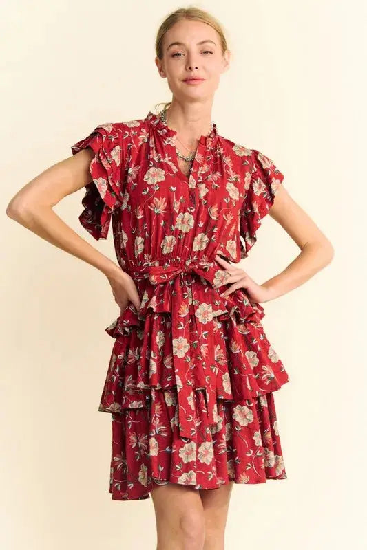 Davi & Dani Ruffle Flutter Sleeve Tie Belt Tiered Mini Dress - Clothes For Her Online Store