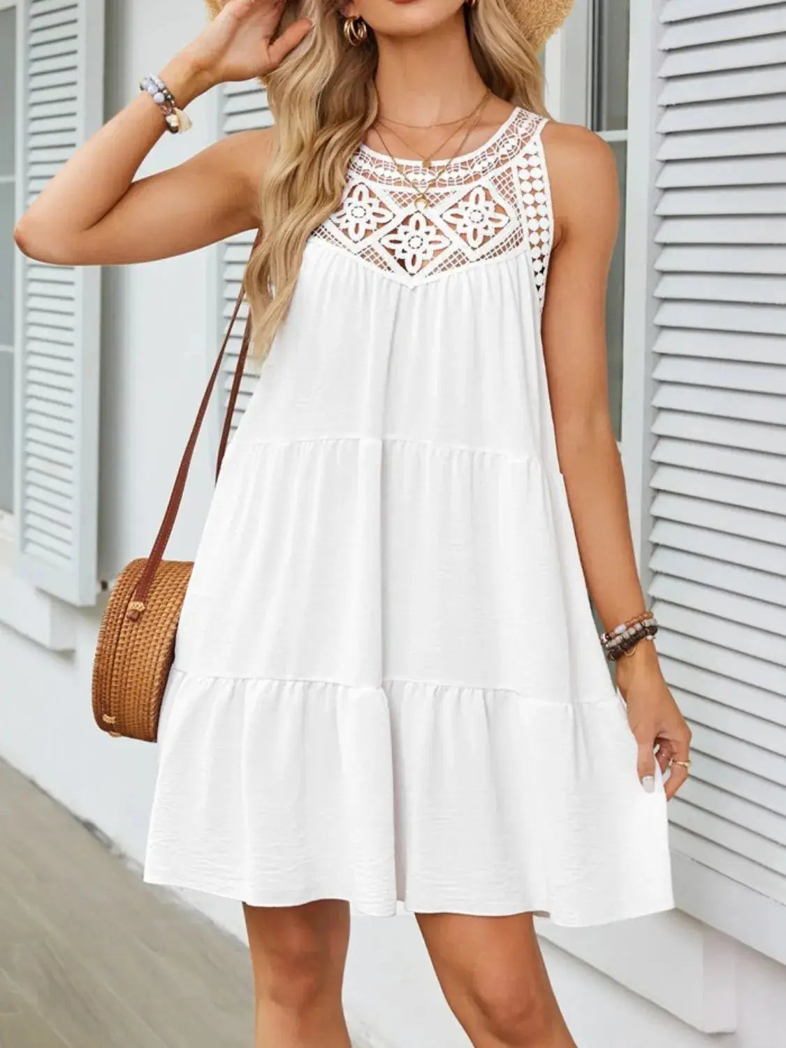 Ruffled Hem Lace Sleeveless Dress - Clothes For Her Online Store