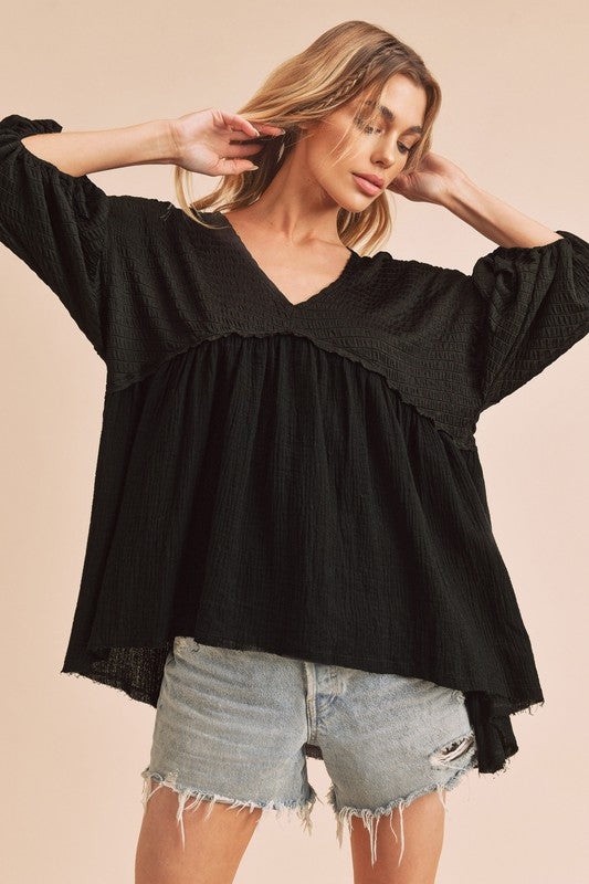 Aemi + Co High-Low Frayed Hem V-Neck Blouse - Clothes For Her Online Store