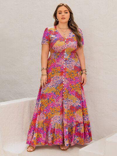 Plus Size Button Up Printed Short Sleeve Maxi Dress - Clothes For Her Online Store