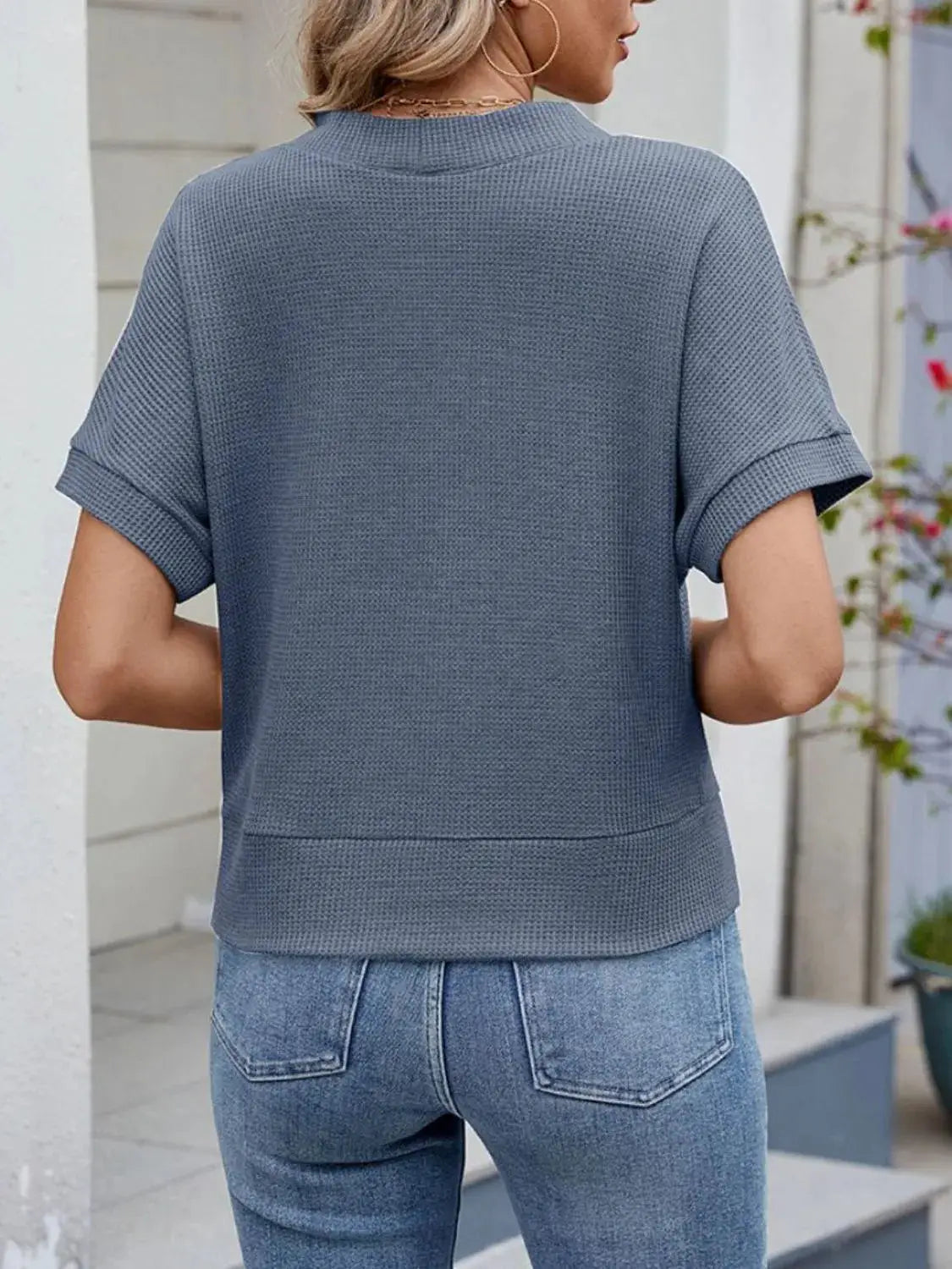 Waffle Knit Button Down Short Sleeve Top - Clothes For Her Online Store