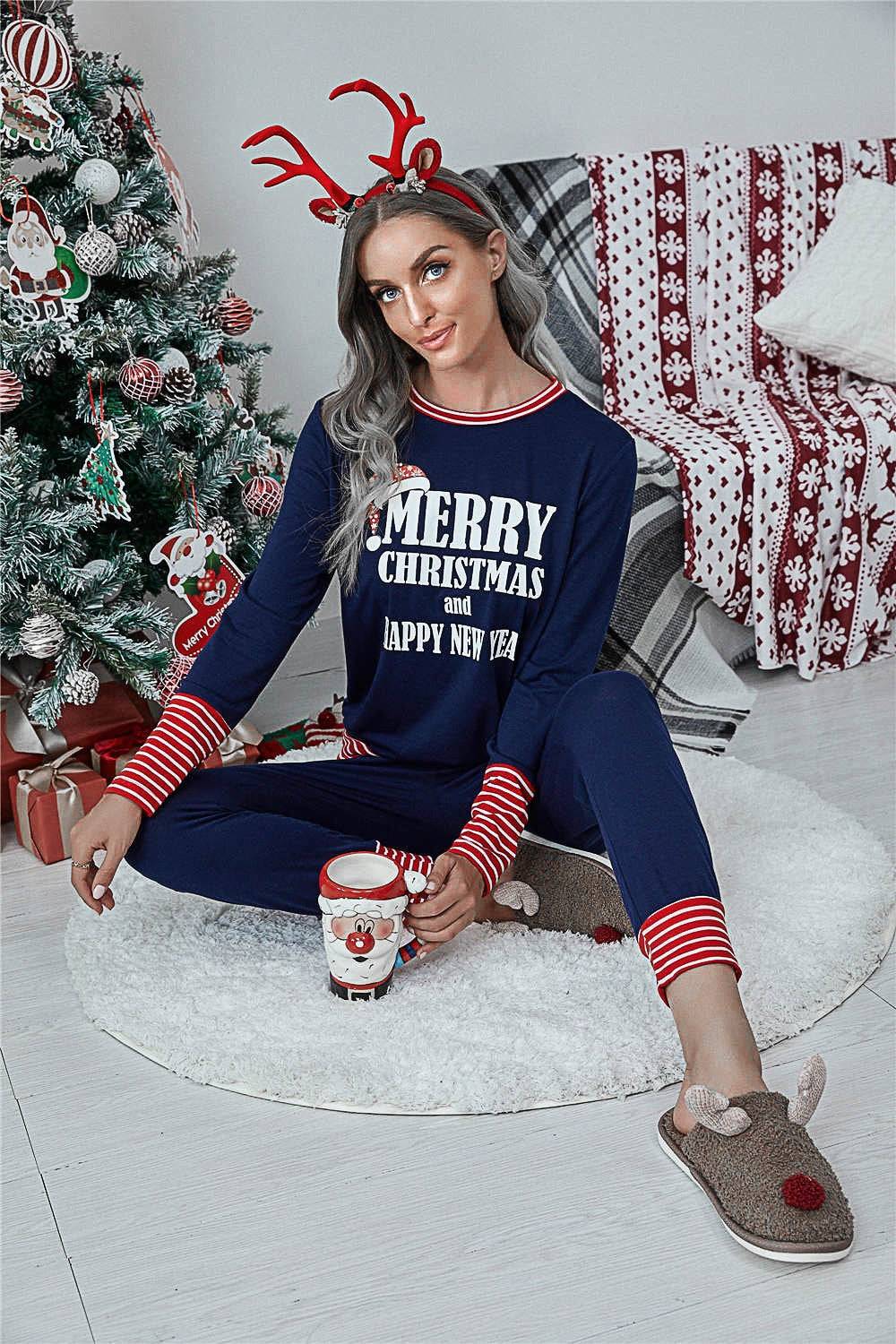 Striped Trim Letter Graphic Round Neck Top and Pants Set - Clothes For Her Online Store