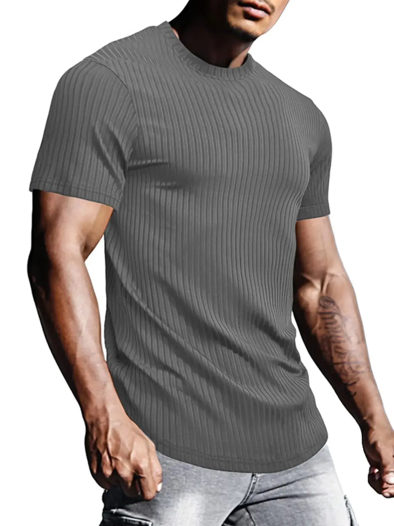 Men's Full Size Ribbed Knit Short Sleeve Round Neck T-Shirt Plus Size