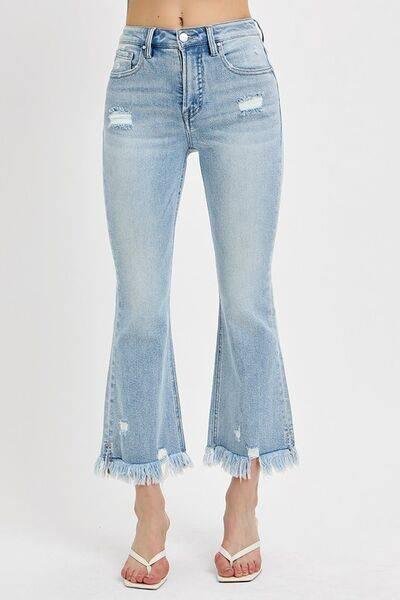 RISEN Full Size Raw Hem Distressed Cropped Flare Jeans Plus Size - Clothes For Her Online Store
