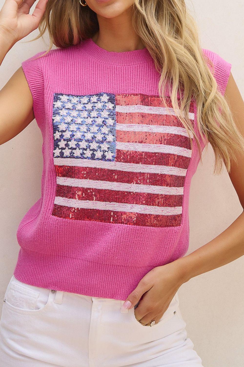 Sequin US Flag Round Neck Sweater Vest