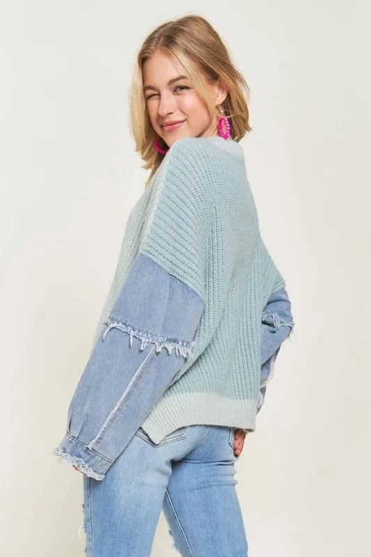 ADORA Plus Size Frayed Denim Sleeve Sweater Top