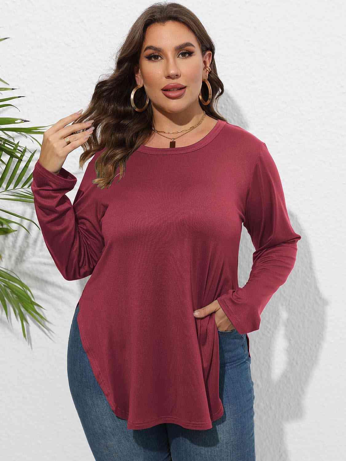 Plus Size Round Neck Long Sleeve Slit T-Shirt - Clothes For Her Online Store