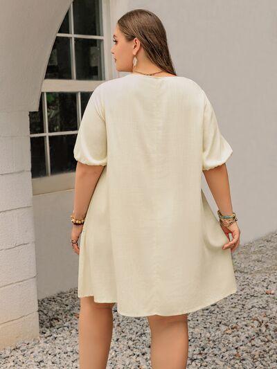 Plus Size Lace Detail Square Neck Puff Sleeve Mini Dress