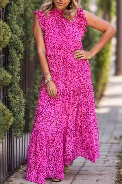 Tiered Ruffled Leopard Cap Sleeve Maxi Dress