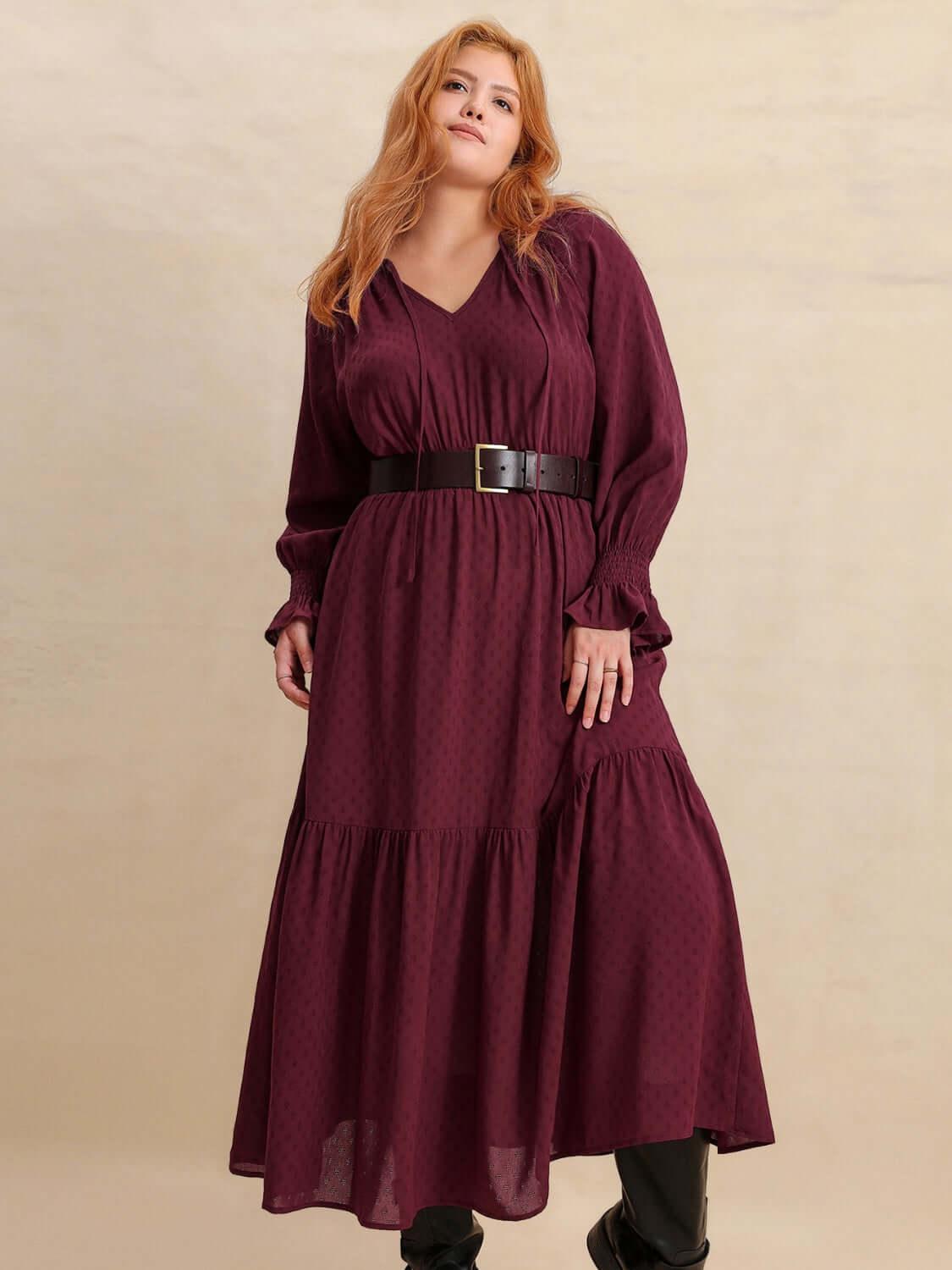 Plus Size Swiss Dot Tie Neck Flounce Sleeve Maxi Dress