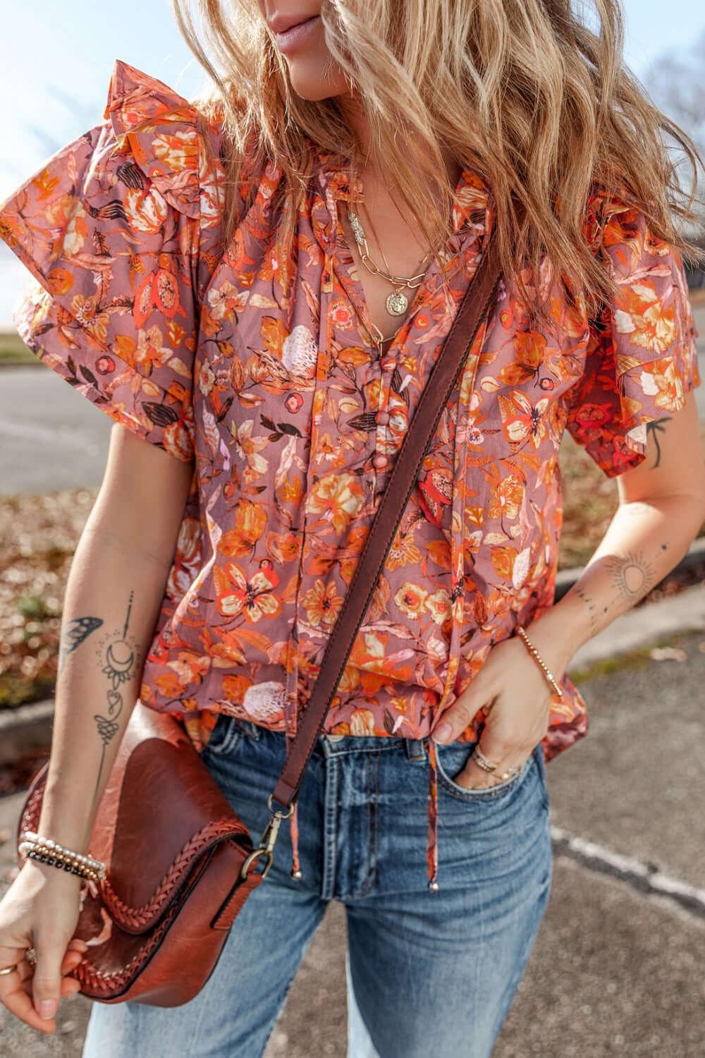 Floral Ruffled Layered Short Sleeve Tie Neck Blouse