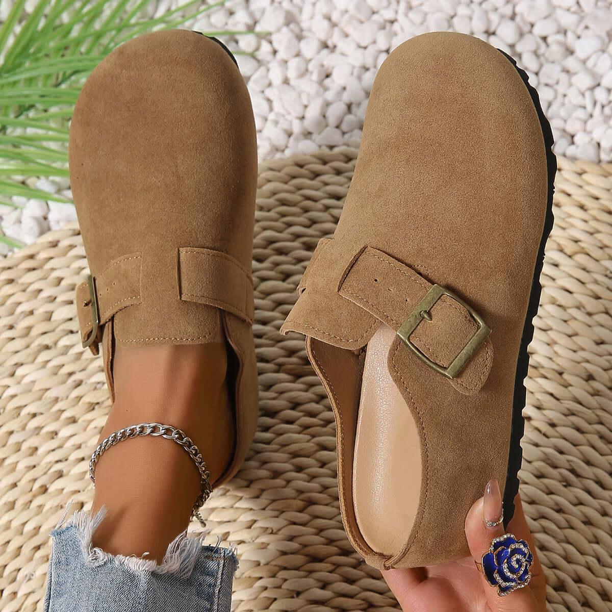 Round Toe Suede Buckle Slip-Ons