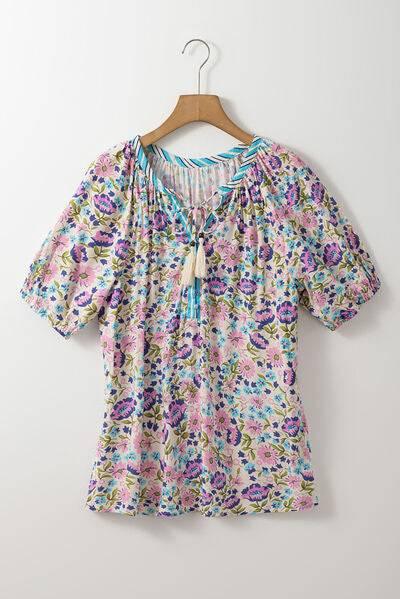 Floral Tie Neck Half Sleeve Blouse