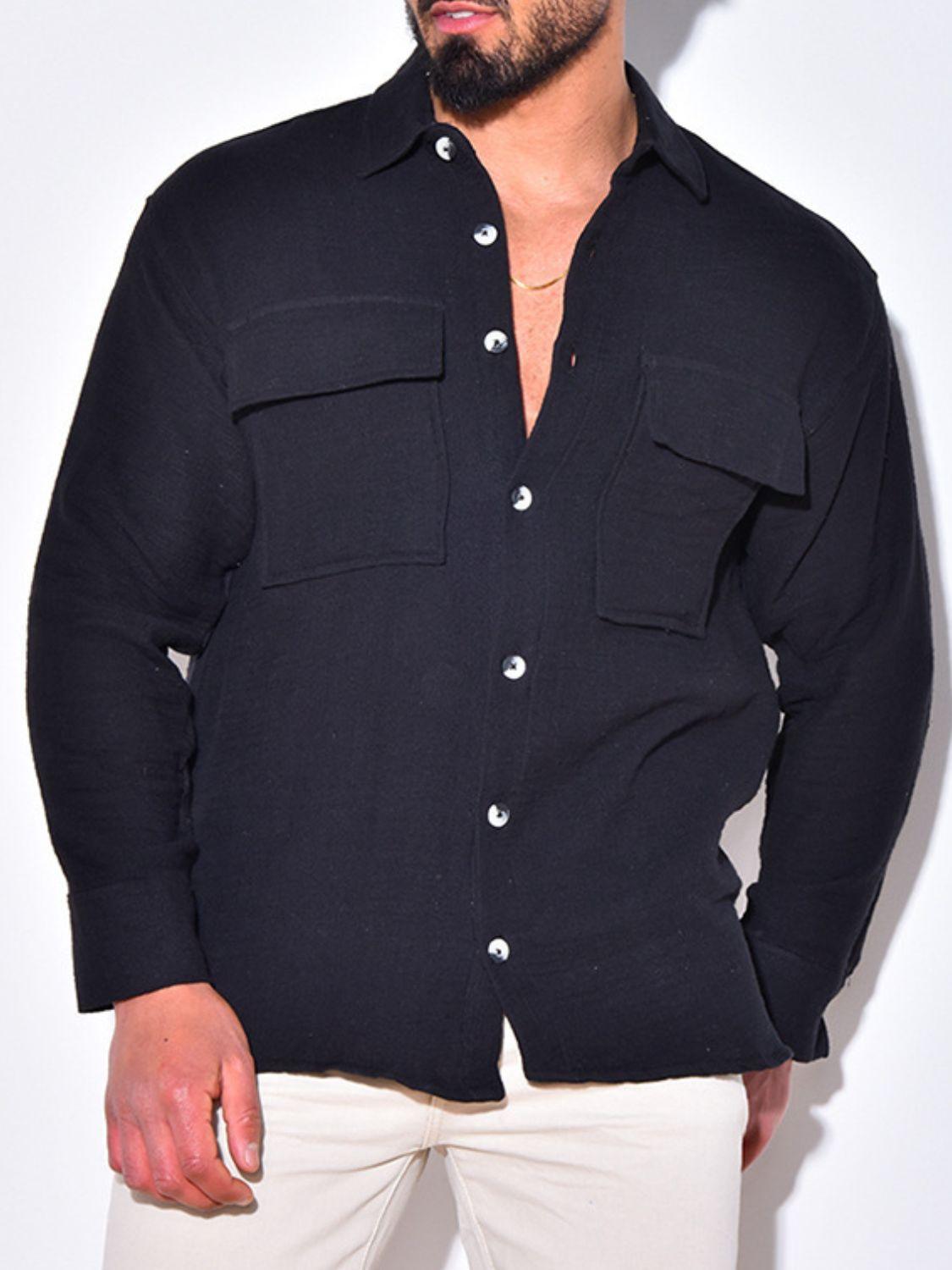 Men's Full Size Collared Neck Long Sleeve Shirt with Chest Pockets Plus Size