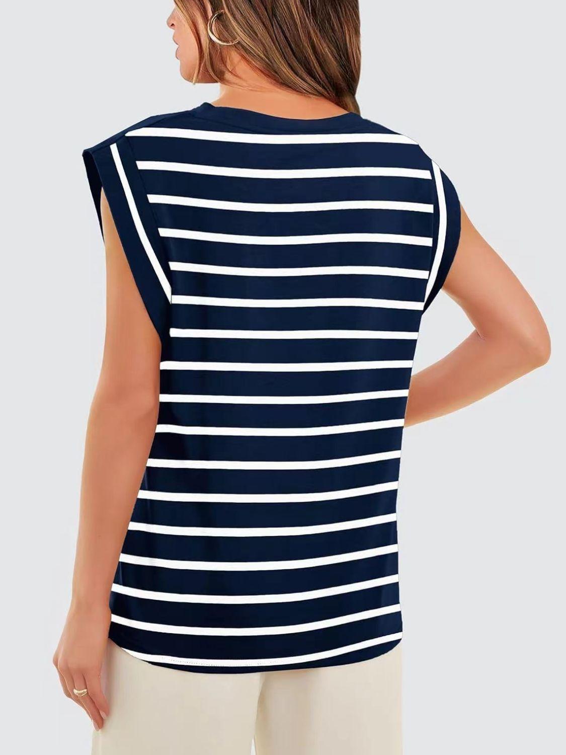 Florira Striped Round Neck Cap Sleeve T-Shirt