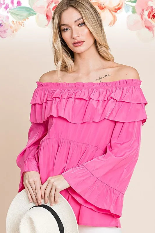 Lime 'N' Chili Ruffled Trumpet Sleeve Off-The-Shoulder Top