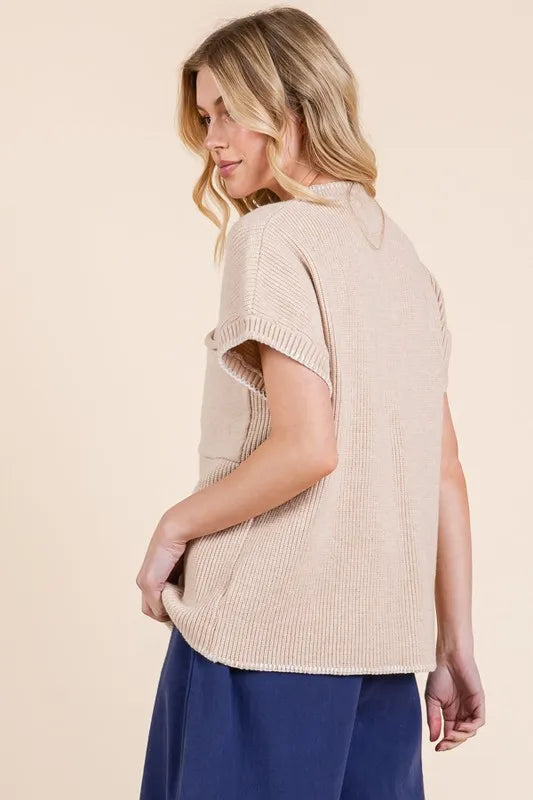 Lime 'N' Chili Solid Cap Sleeve Stitch Edge Knit Sweater