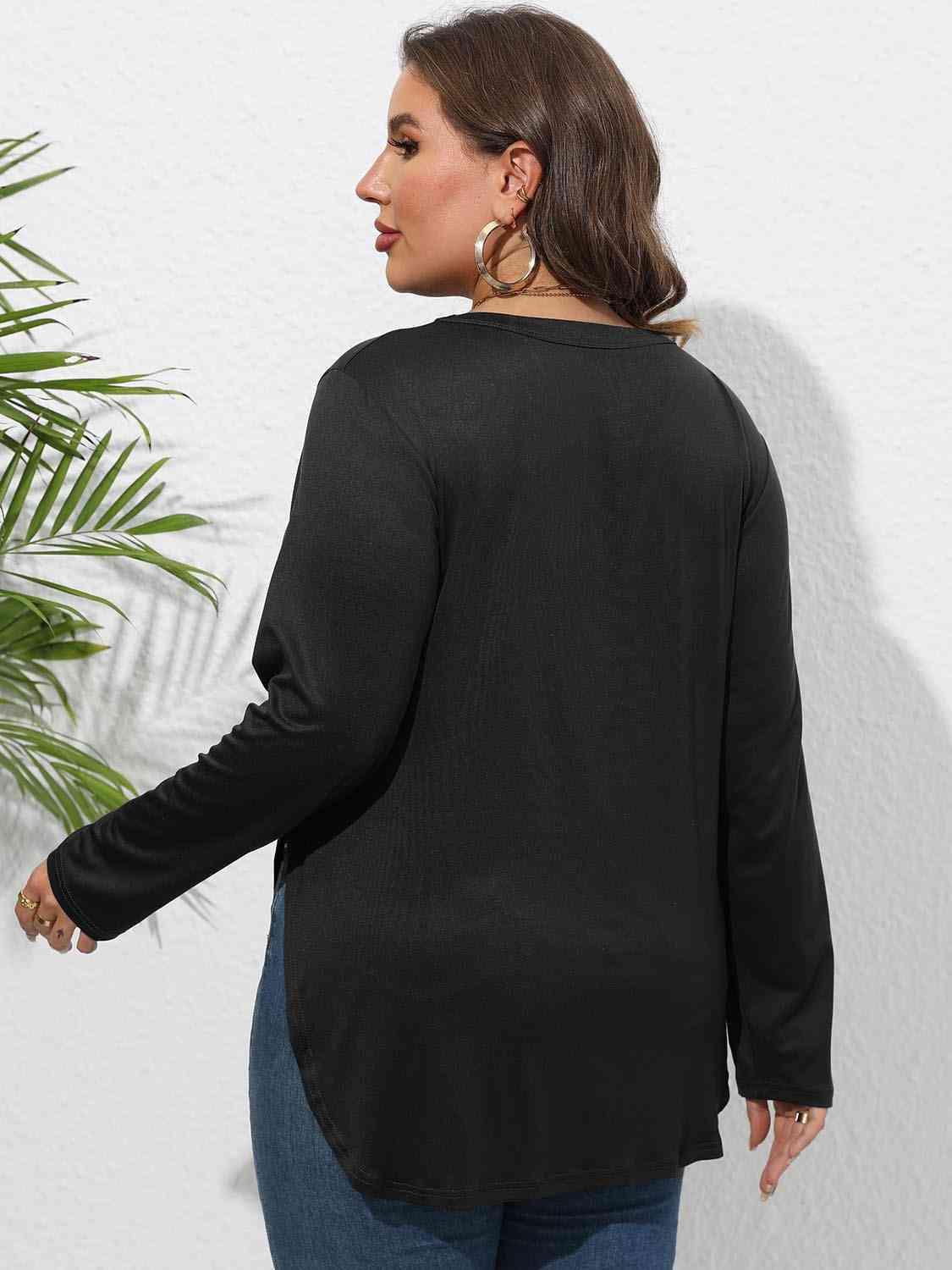 Plus Size Round Neck Long Sleeve Slit T-Shirt - Clothes For Her Online Store