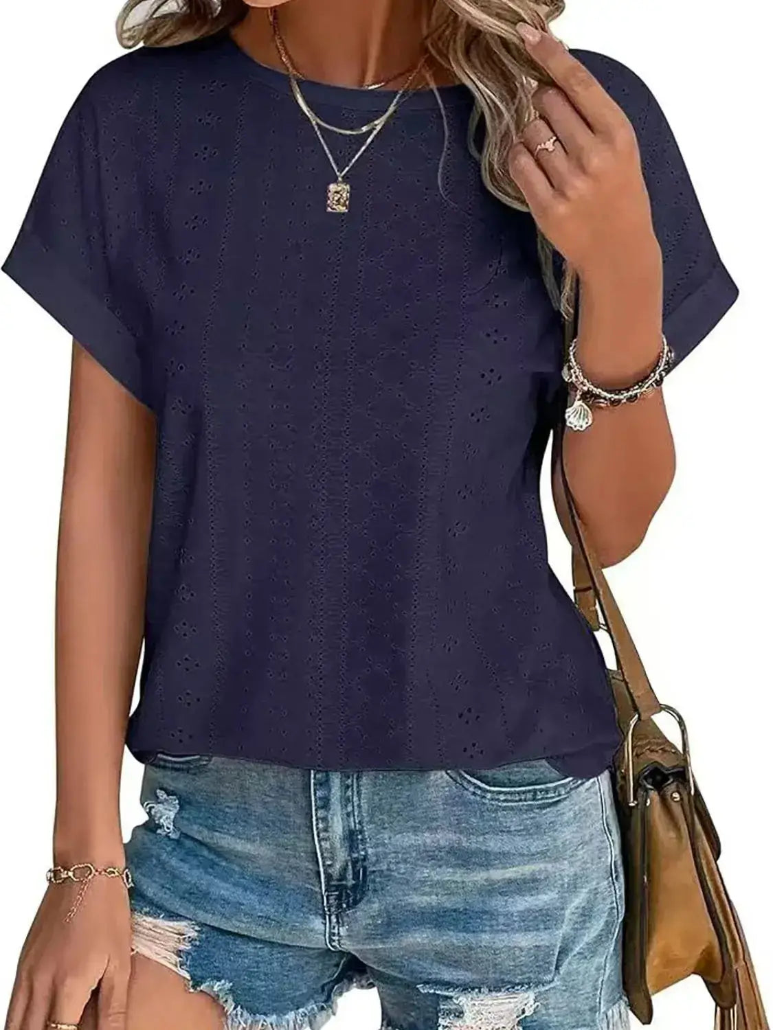 Eyelet Round Neck Short Sleeve Top - Clothes For Her Online Store
