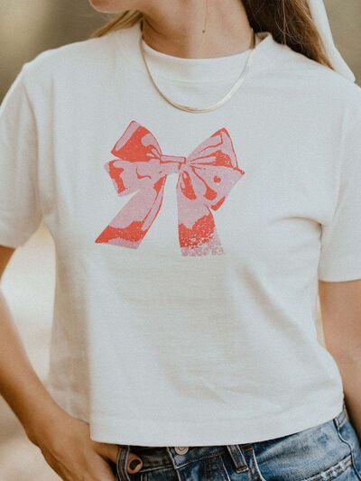 Bow Round Neck Short Sleeve T-Shirt - Clothes For Her Online Store