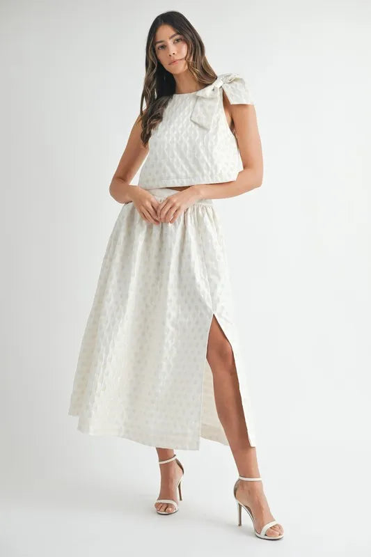 MABLE Taffeta Polka Dot Shoulder Ribbon Top and Skirt Set - Clothes For Her Online Store