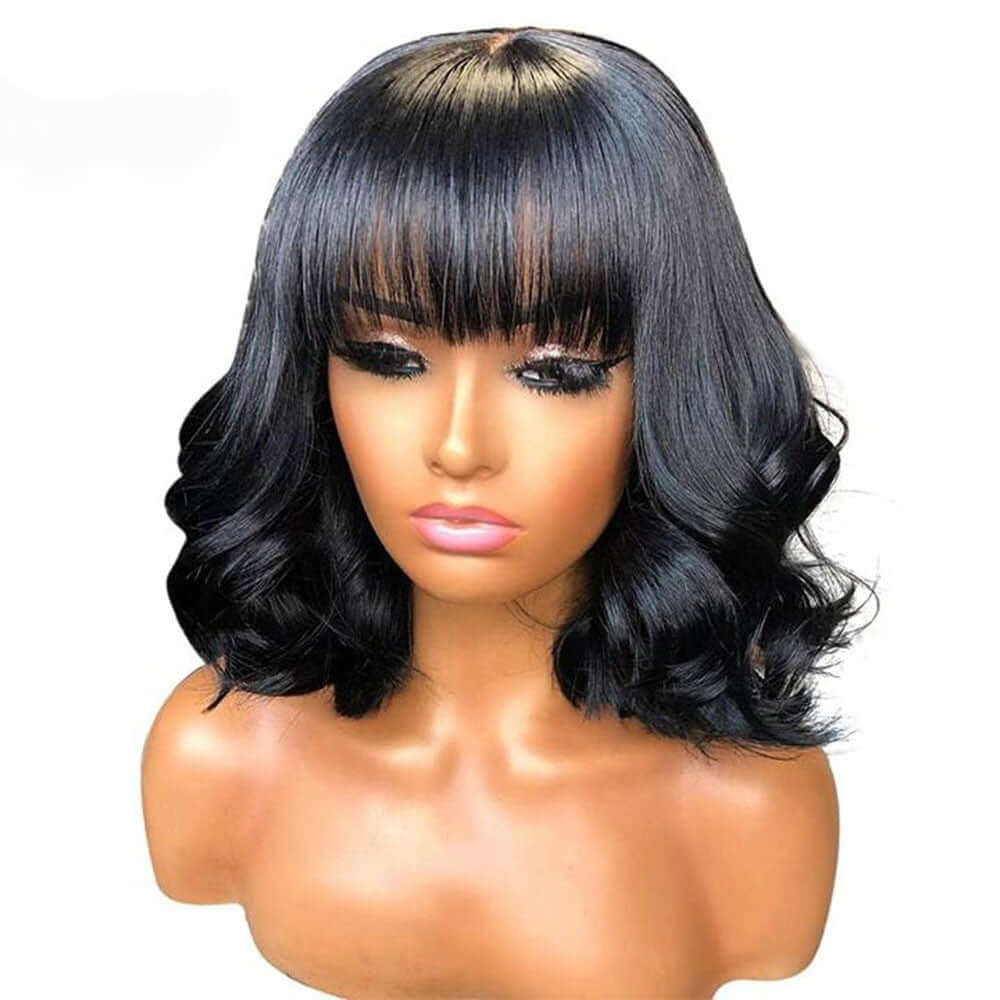 Short Bob Body Wave Human Hair Wig with BangBrand Name: BeumaxWigs Length: longHair Grade: 10A Grade, 250% Density is 12A Double DrawnLace Wig Type: Lace Part Material Grade: Remy HairMaterial: Human HairMade Method: Machine MadeCan Be Permed: YesItems pe